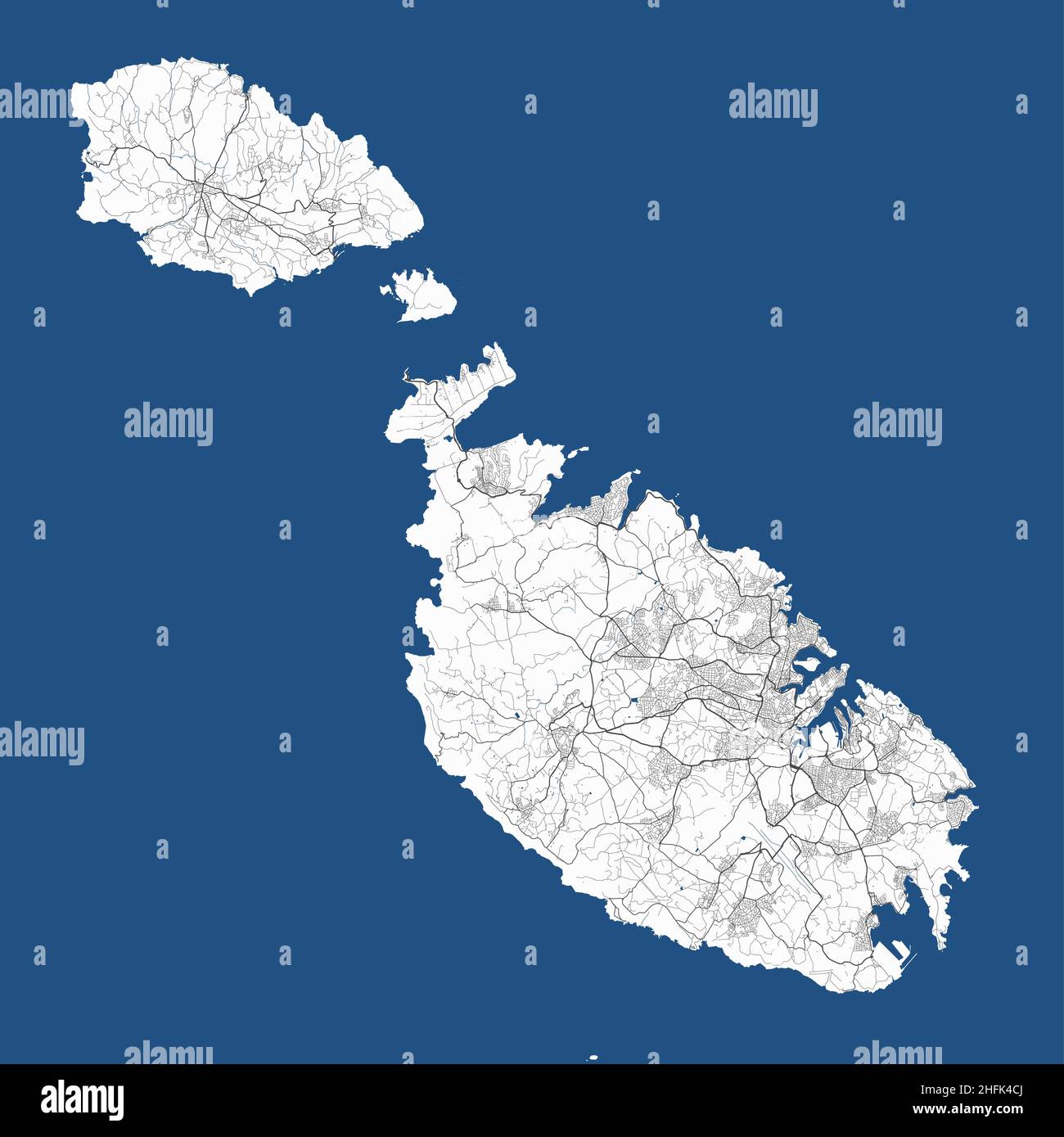 Malta vector map. Detailed map of Malta country islands, Valletta city administrative area. Cityscape panorama. Royalty free vector illustration. Outl Stock Vector