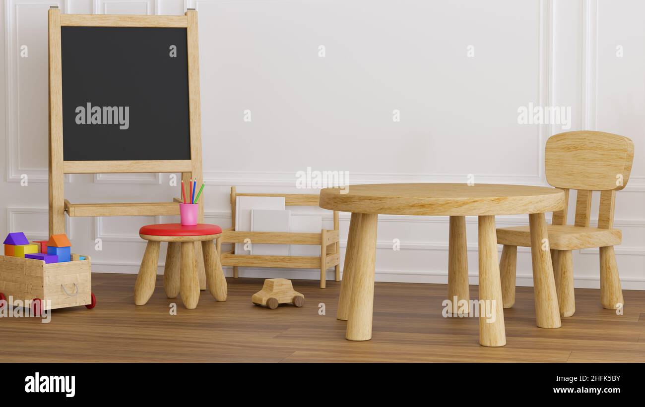 Kindergarten classroom with wooden furniture, Kids learning desk with