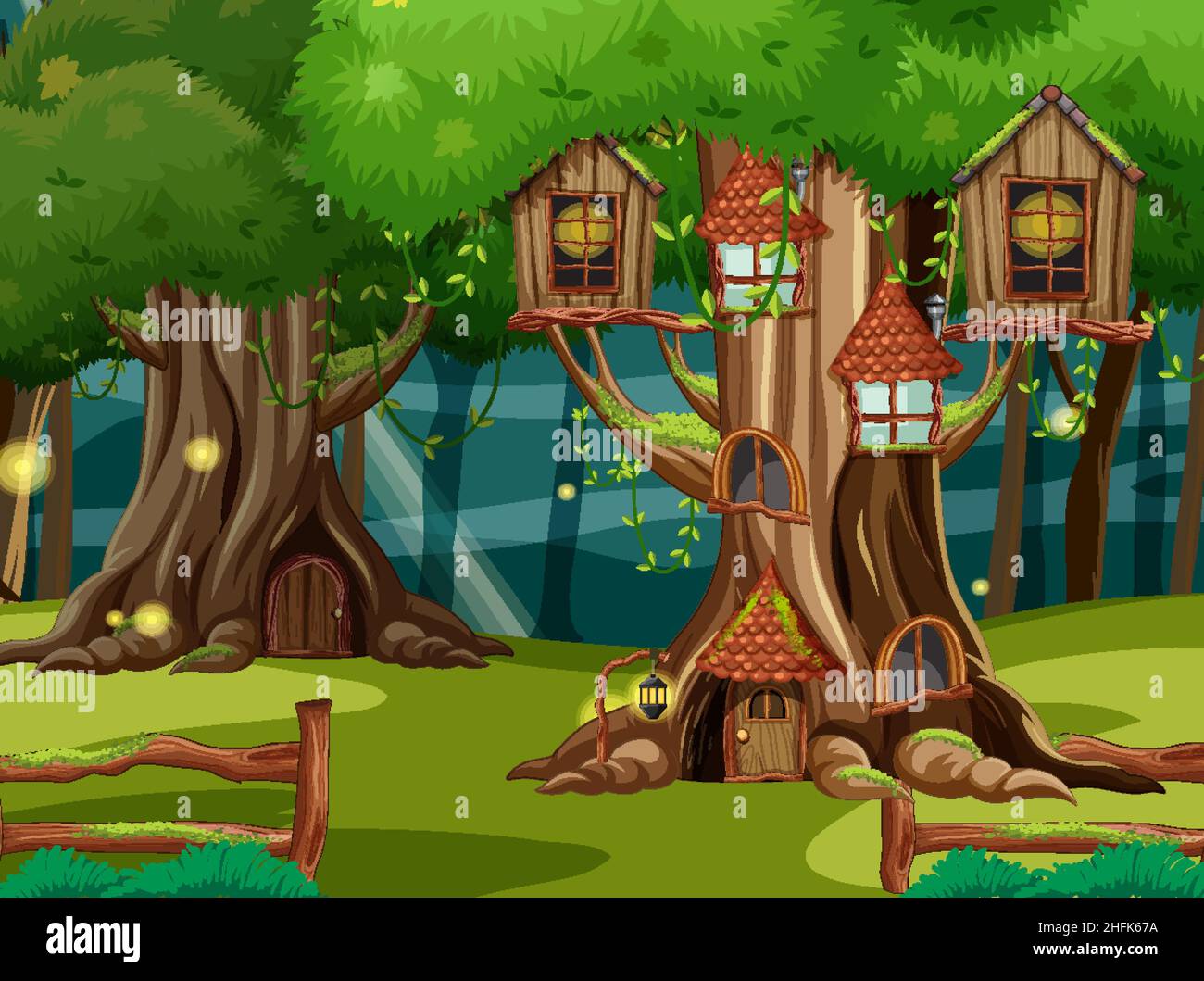 Fantasy forest scene with tree houses illustration Stock Vector Image ...