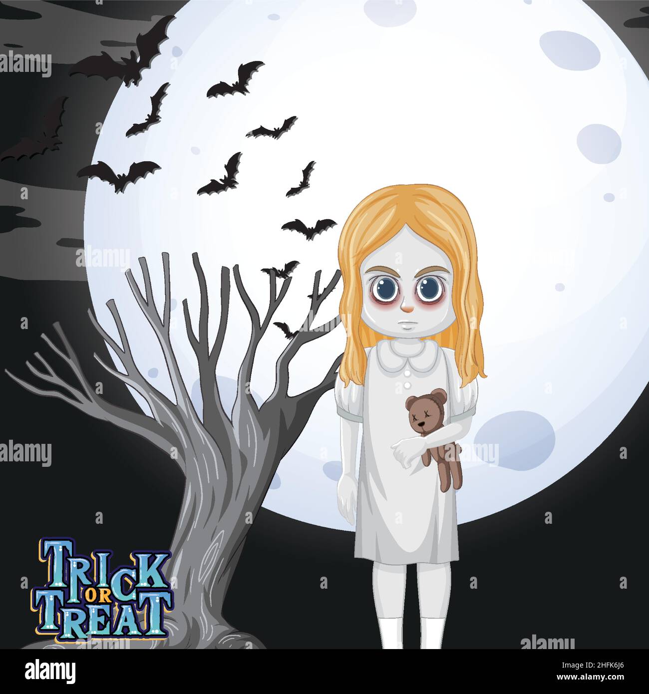 Ghost girl holding teddy bear on full moon background illustration ...