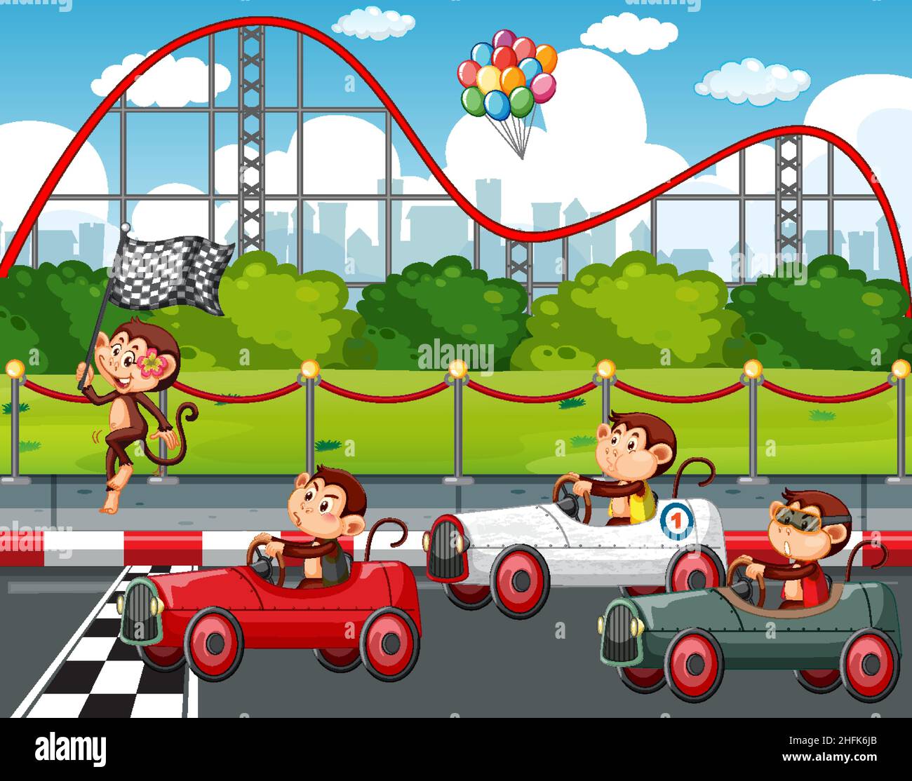 Race track scene with monkey racing drivers illustration Stock Vector