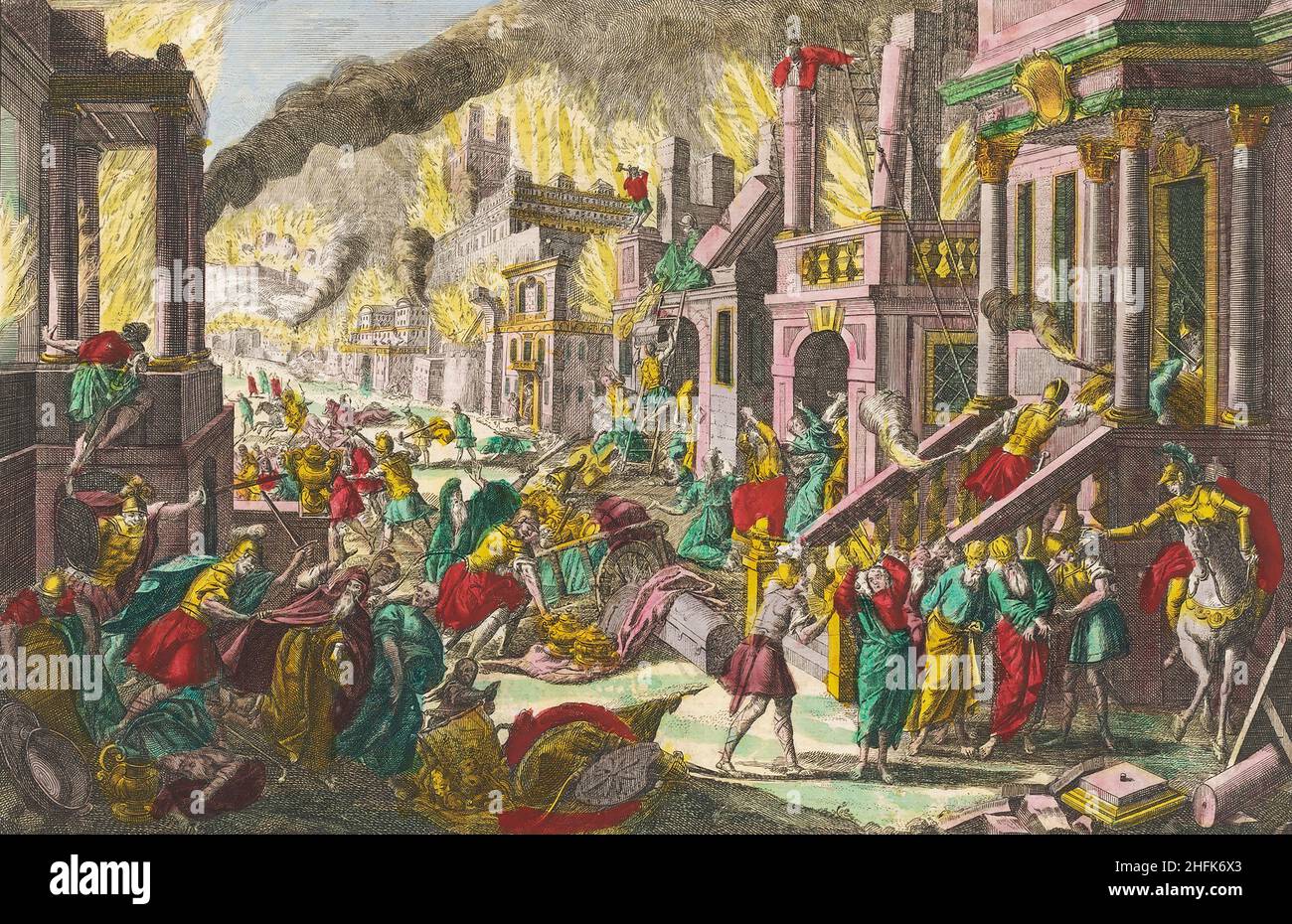 The destruction of Jerusalem by Nebuchadnezzar II circa 589 BC.  After an 18th century work by an unknown artist. Stock Photo