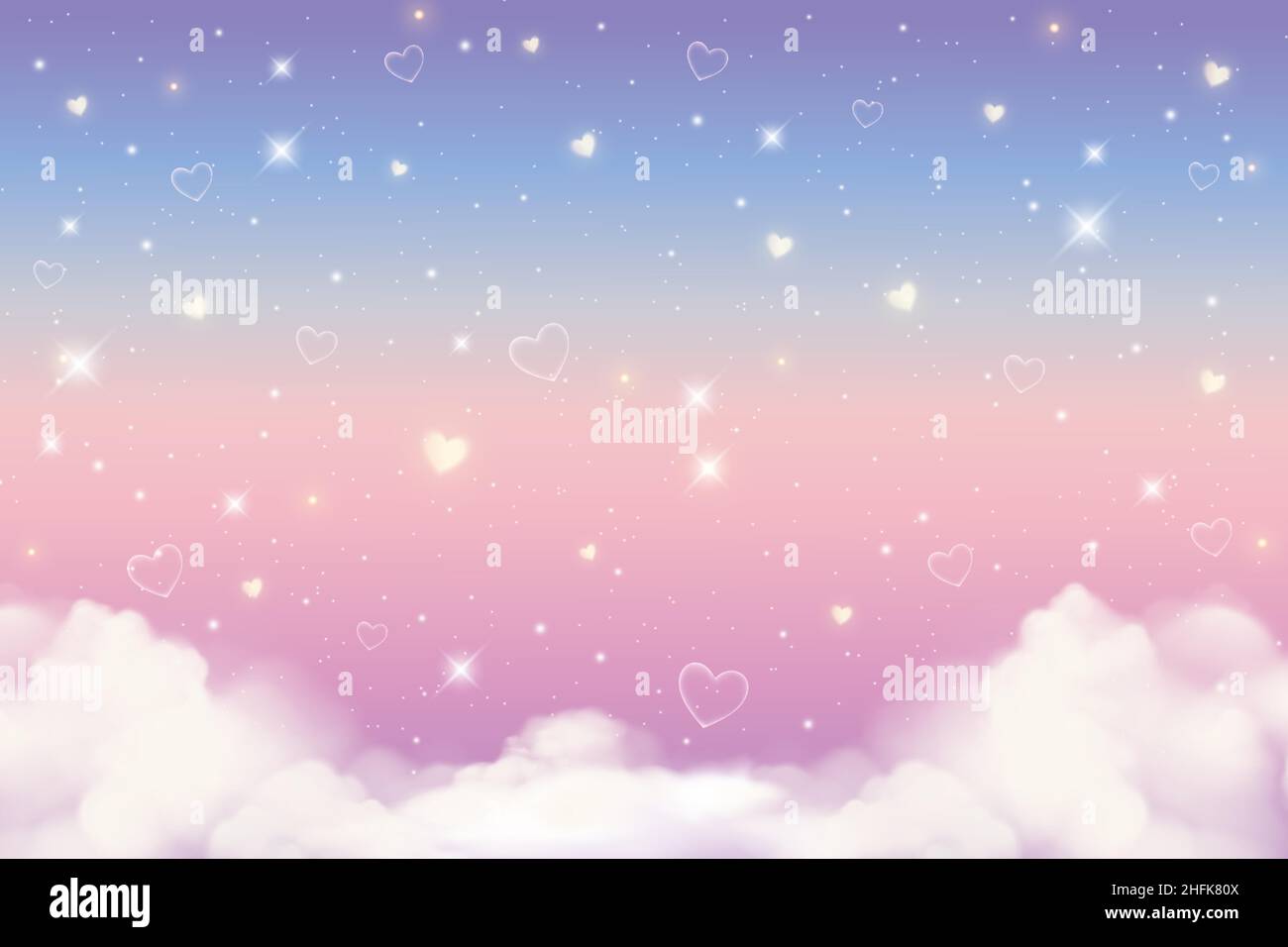 Holographic fantasy rainbow unicorn background with clouds, hearts and stars. Pastel color sky. Magical landscape, abstract fabulous pattern. Cute Stock Vector