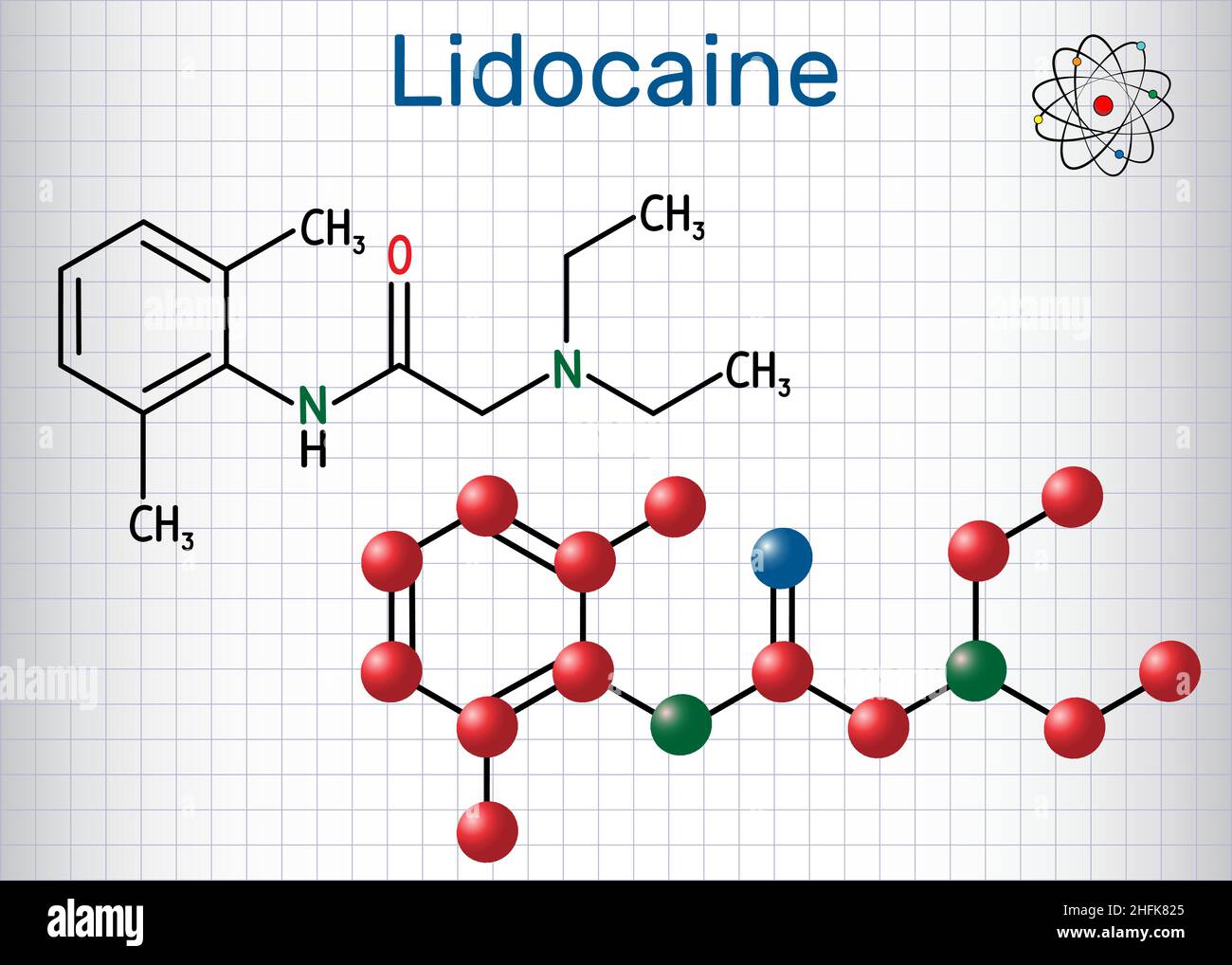 Lidocaine (xylocaine, lignocaine) molecule. It is local anesthetic. Sheet of paper in a cage