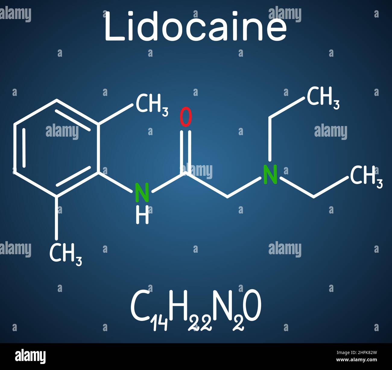 Lidocaine (xylocaine, lignocaine) molecule. It is local anesthetic