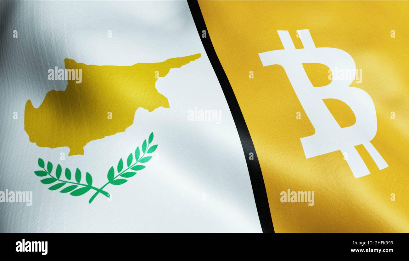 3D Illustration of waving Bitcoin and Cyprus flag Stock Photo