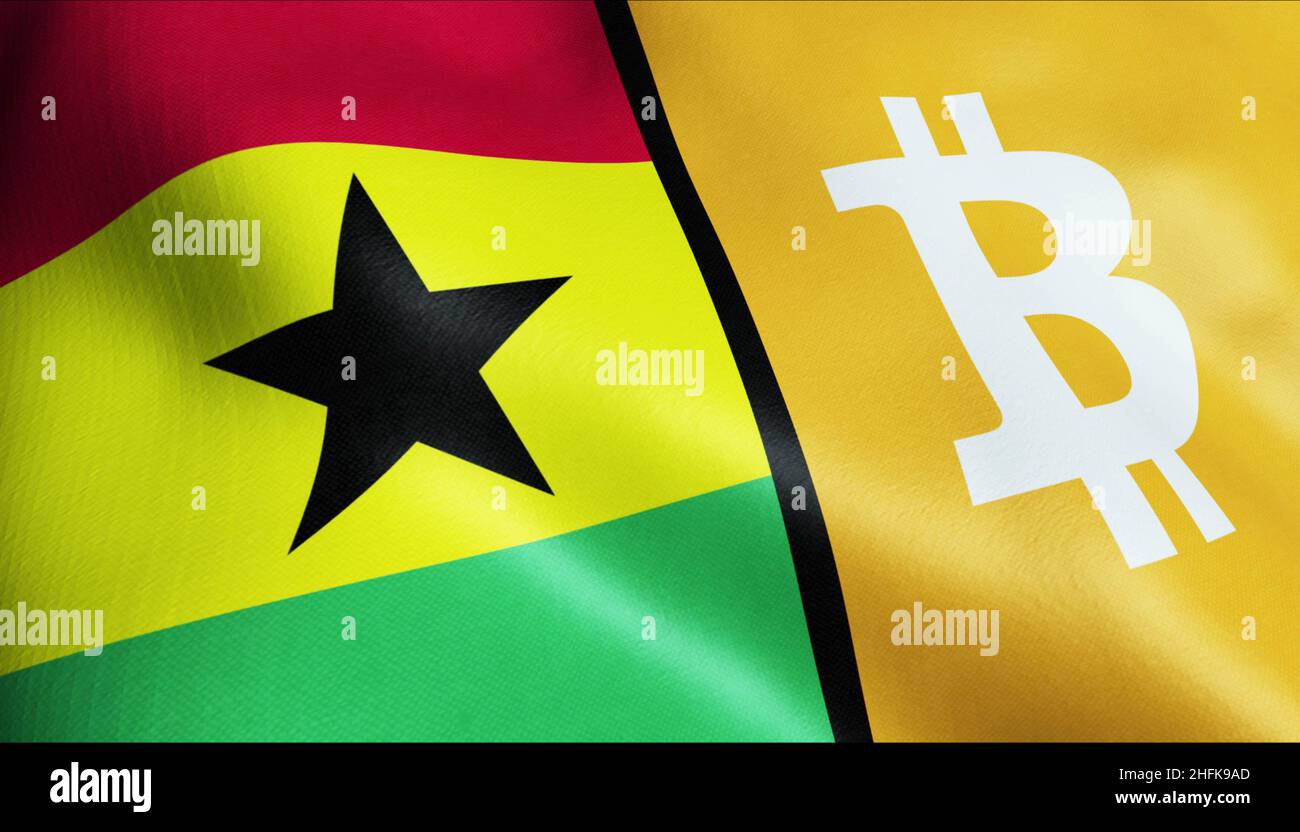 3D Illustration of waving Bitcoin and Ghana flag Stock Photo