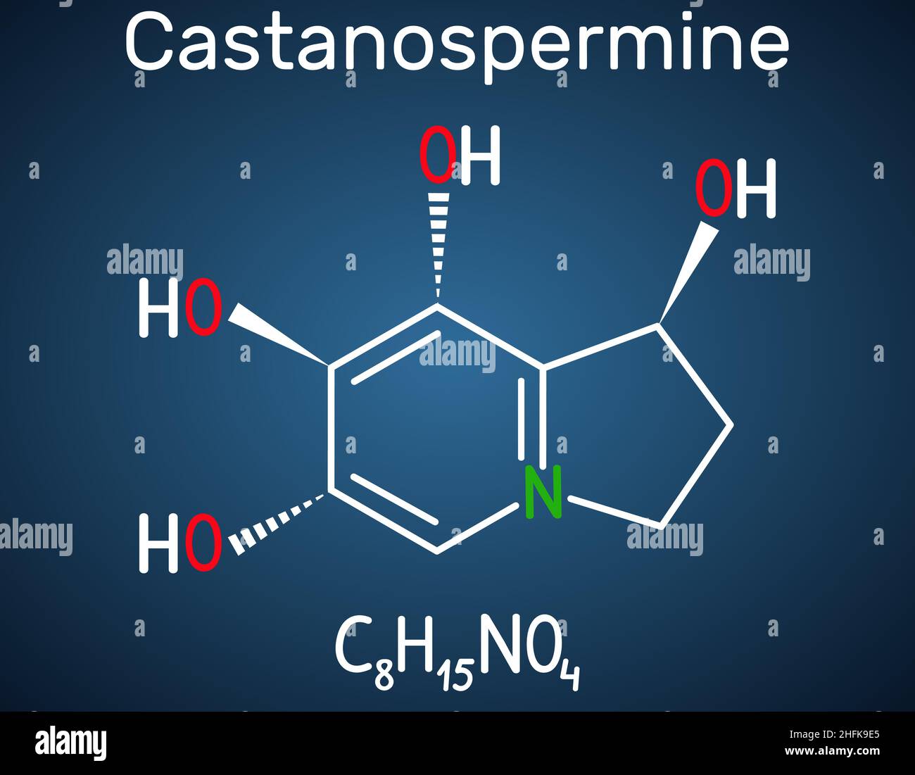 Castanospermine indolizidine alkaloid molecule. Structural chemical formula on the dark blue background Stock Vector