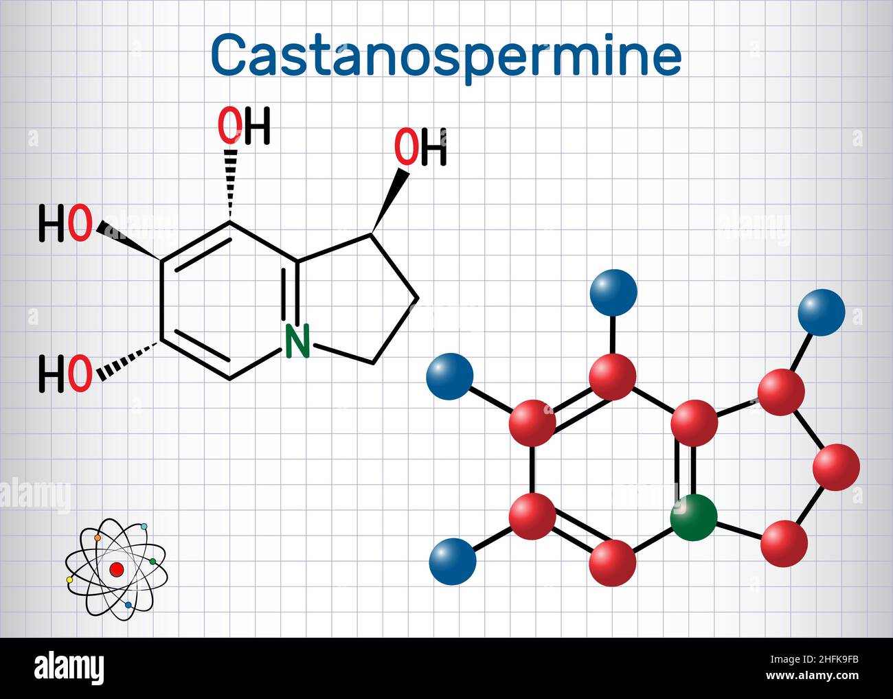 Castanospermine indolizidine alkaloid molecule. Sheet of paper in a cage. Structural chemical formula and molecule model Stock Vector
