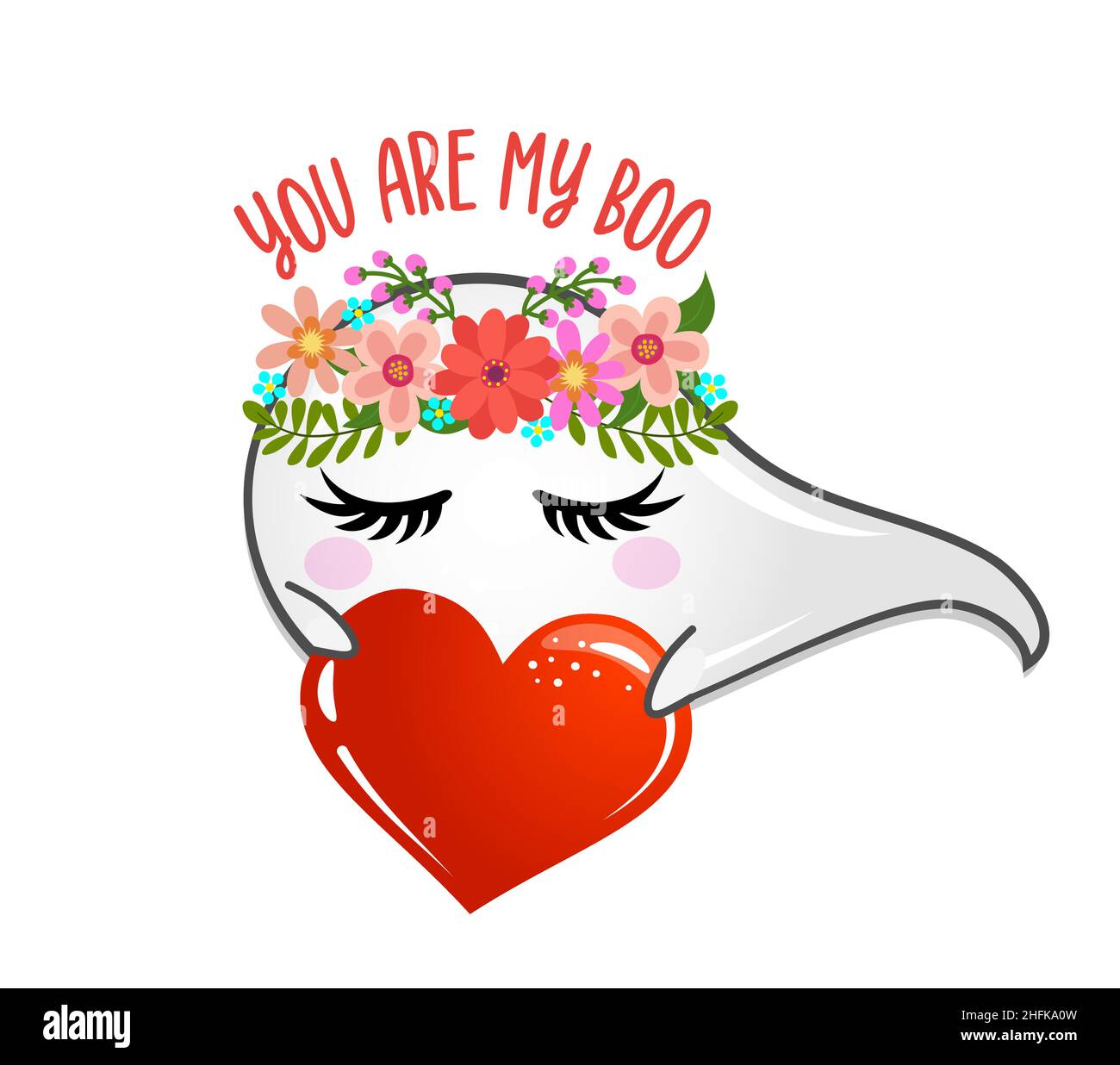 You are my Boo - Valentine's Day handdrawn illustration. Handmade lettering print. Vector vintage illustration with cute Ghost with lovely heart. Stock Vector