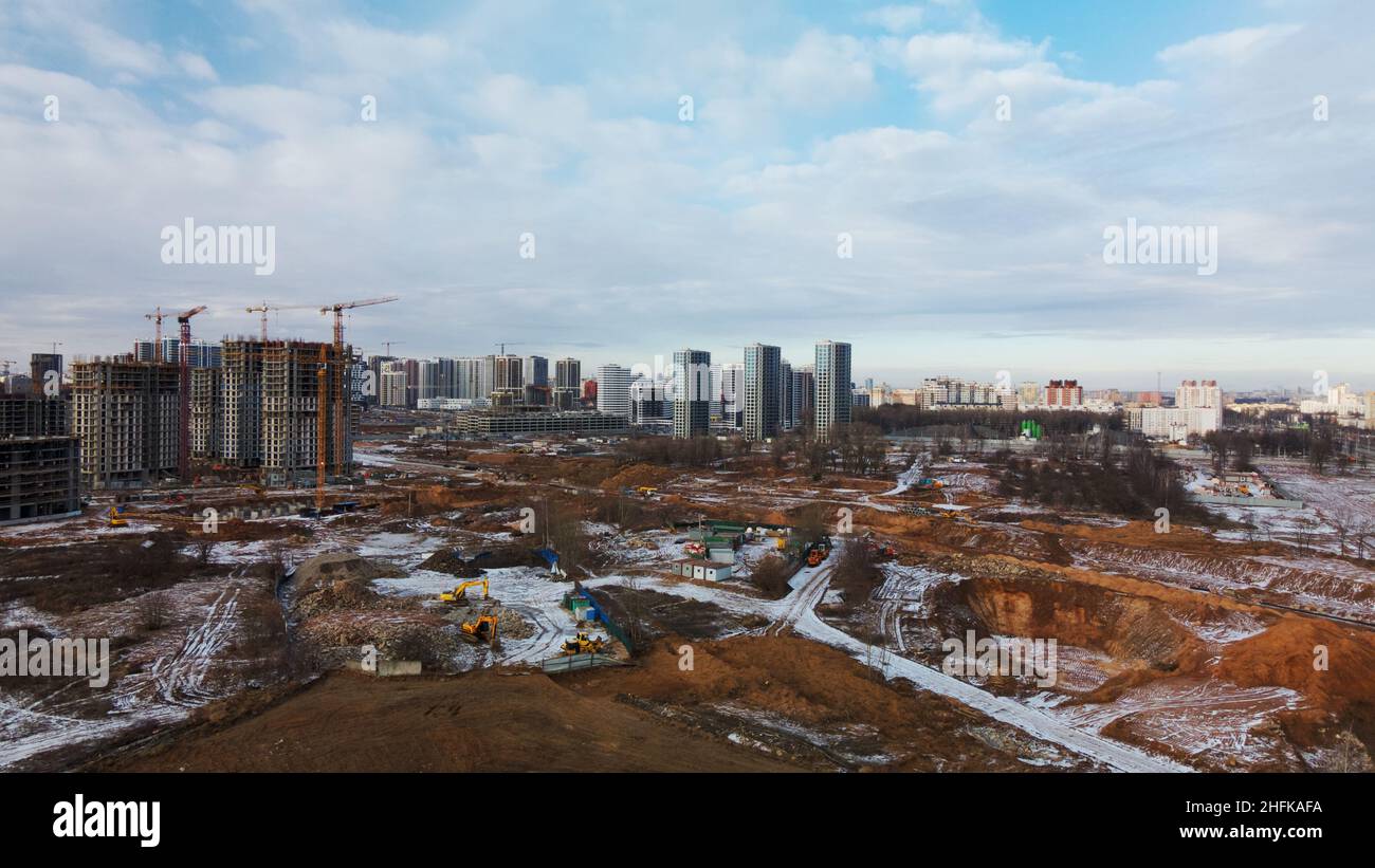 A Rise Building Work Construction site. Construction of modern high-rise buildings. Work ...