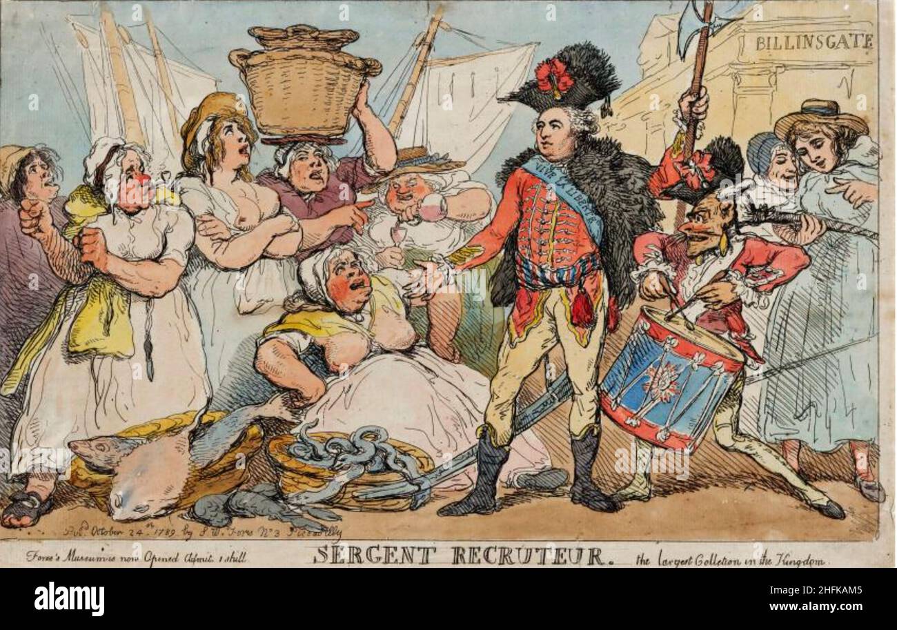 THOMAS ROWLANDSON (1757-1827) English artist and caricaturist.  His 1789 cartoon 'Sergeant Kite, Sergeant Recruiter' showing the Duke of Orleans seeking support for the French Revolution from a group of Billingsgate fish women Stock Photo