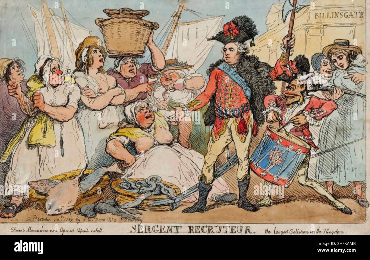 THOMAS ROWLANDSON (1757-1827) English artist THOMAS ROWLANDSON  (1757-1827) English artist and caricaturist.  His 1789 cartoon 'Sergeant Kite, Sergeant Recruiter' showing the Duke of Orleans seeking support for the French Revolution from a group of Billingsgate fish women Stock Photo