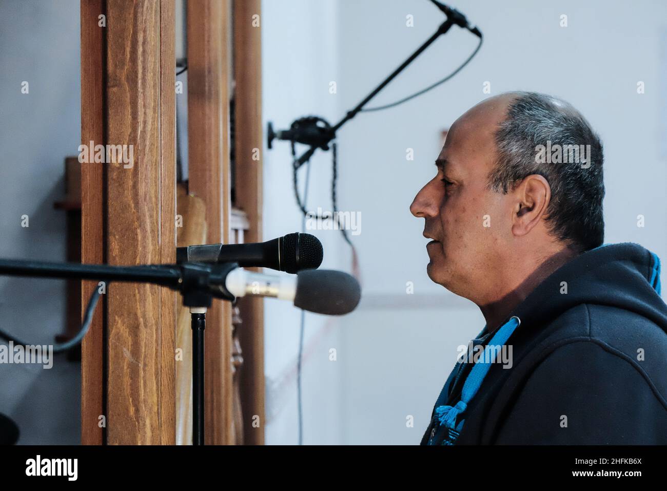 Jerusalem, Israel. 30th November, 2016. In this FILE PHOTO dated 30th November, 2016, TAWFIK ELAYAN, Muazzin of the Al Rahman mosque in the village of Bet Safafa, performs the AlAzzan, call to prayer, through a sound amplification system. The Jerusalem Municipality has filed for a court order to demolish new golden dome, a Haram Al Sharif Temple Mount mockup, atop the Al Rahman Mosque in Jerusalem's Beit Safafa neighborhood. The municipality based its request claiming new top floor and dome were built without permits nor inspection of municipal engineers and are a threat to public safety. Cred Stock Photo