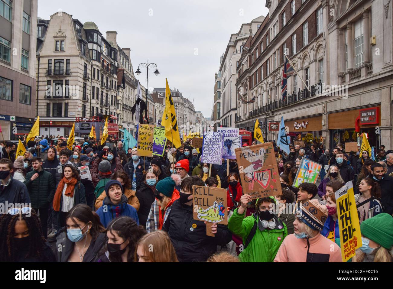 London, UK 15th January 2022. Kill The Bill protesters on The Strand. Thousands of people marched through central London in protest against the Police, Crime, Sentencing and Courts Bill, which will make many types of protest illegal. Stock Photo
