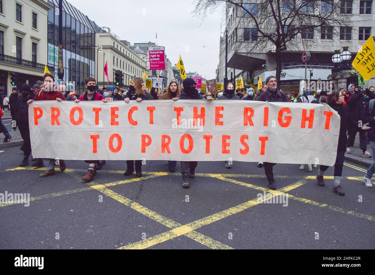 London, UK 15th January 2022. Kill The Bill protesters on The Strand. Thousands of people marched through central London in protest against the Police, Crime, Sentencing and Courts Bill, which will make many types of protest illegal. Stock Photo