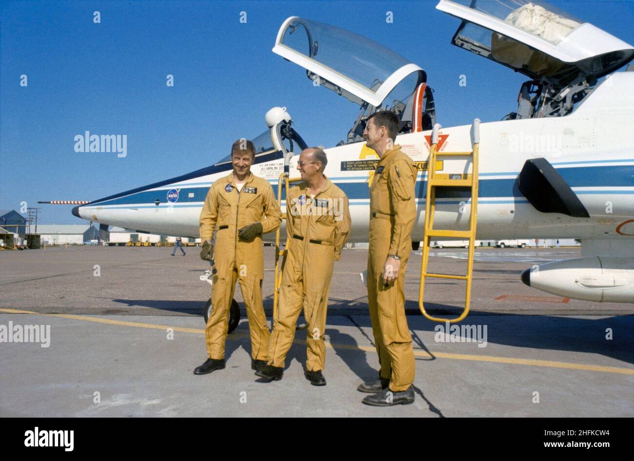 (13 May 1973) --- Members of the prime crew of the first manned Skylab Mission (Skylab 2) stand beside a NASA T-38 jet aircraft trainer at nearby Ellington Air Force Base prior to take off for the Kennedy Space Center, Florida. They are (left to right) astronauts Paul J. Weitz, mission pilot; Charles Conrad Jr., commander; and scientist Joseph P. Kerwin, science pilot. The three crewmen have completed their prelaunch training at JSC Stock Photo