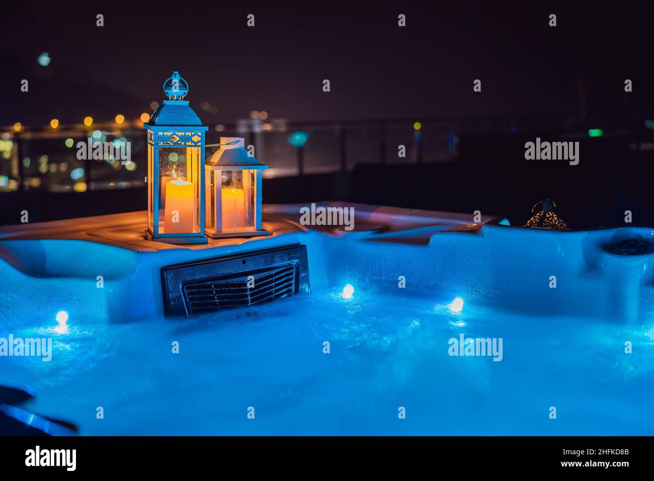 Hot tub with candles ready to take a bath. Valentines day concept Stock Photo