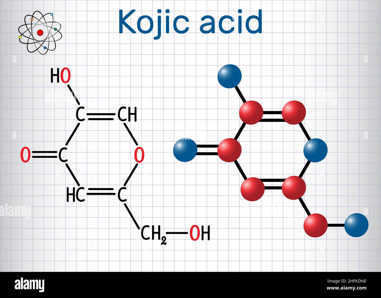 Kojic acid molecule. Used for skin depigmentation in cosmetics. Structural  chemical formula and molecule model. Sheet of paper in a cage.Vector illust  Stock Vector Image & Art - Alamy