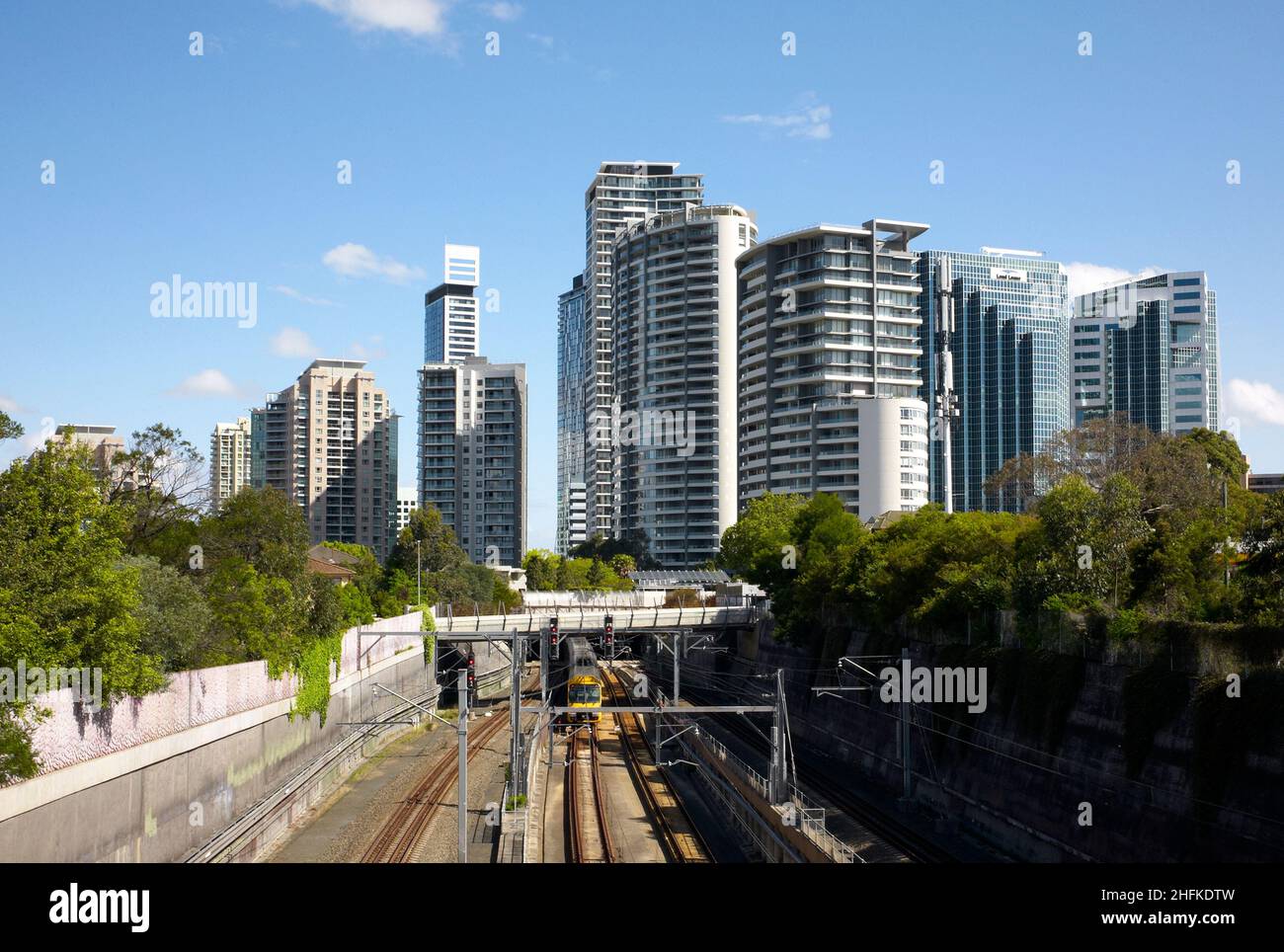 Colour photograph of High-rise urban development and railway, Chatswood Central Business District, Chatswood, Sydney, New South Wales, Australia, 2016. Stock Photo