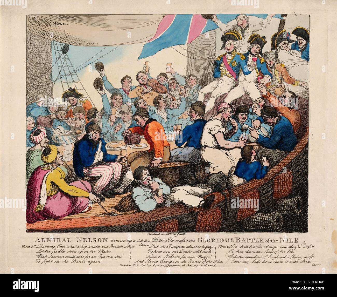 Admiral Nelson recreating with his brave Tars after the glorious Battle of the Nile. Artist: Thomas Rowlandson (1756-1827) an English artist and caricaturist of the Georgian Era. A social observer, he was a prolific artist and print maker.  Credit: Thomas Rowlandson/Alamy Stock Photo