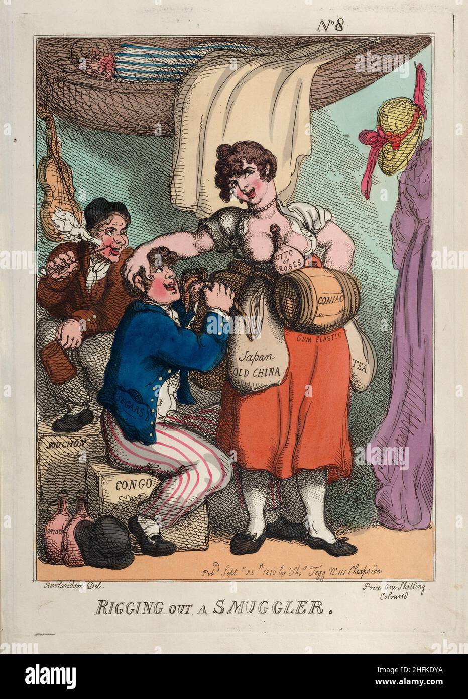 Rigging out a Smuggler. Artist: Thomas Rowlandson (1756-1827) an English artist and caricaturist of the Georgian Era. A social observer, he was a prolific artist and print maker.  Credit: Thomas Rowlandson/Alamy Stock Photo