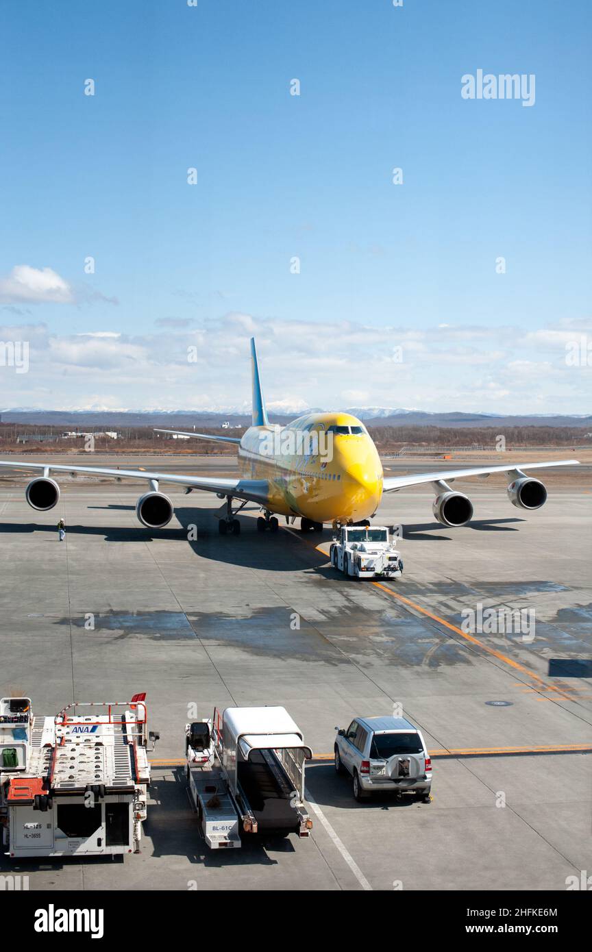 Yellow Pokemon airplane at the Chitose Airport, Hokkaido. All Nippon Airways. Stock Photo