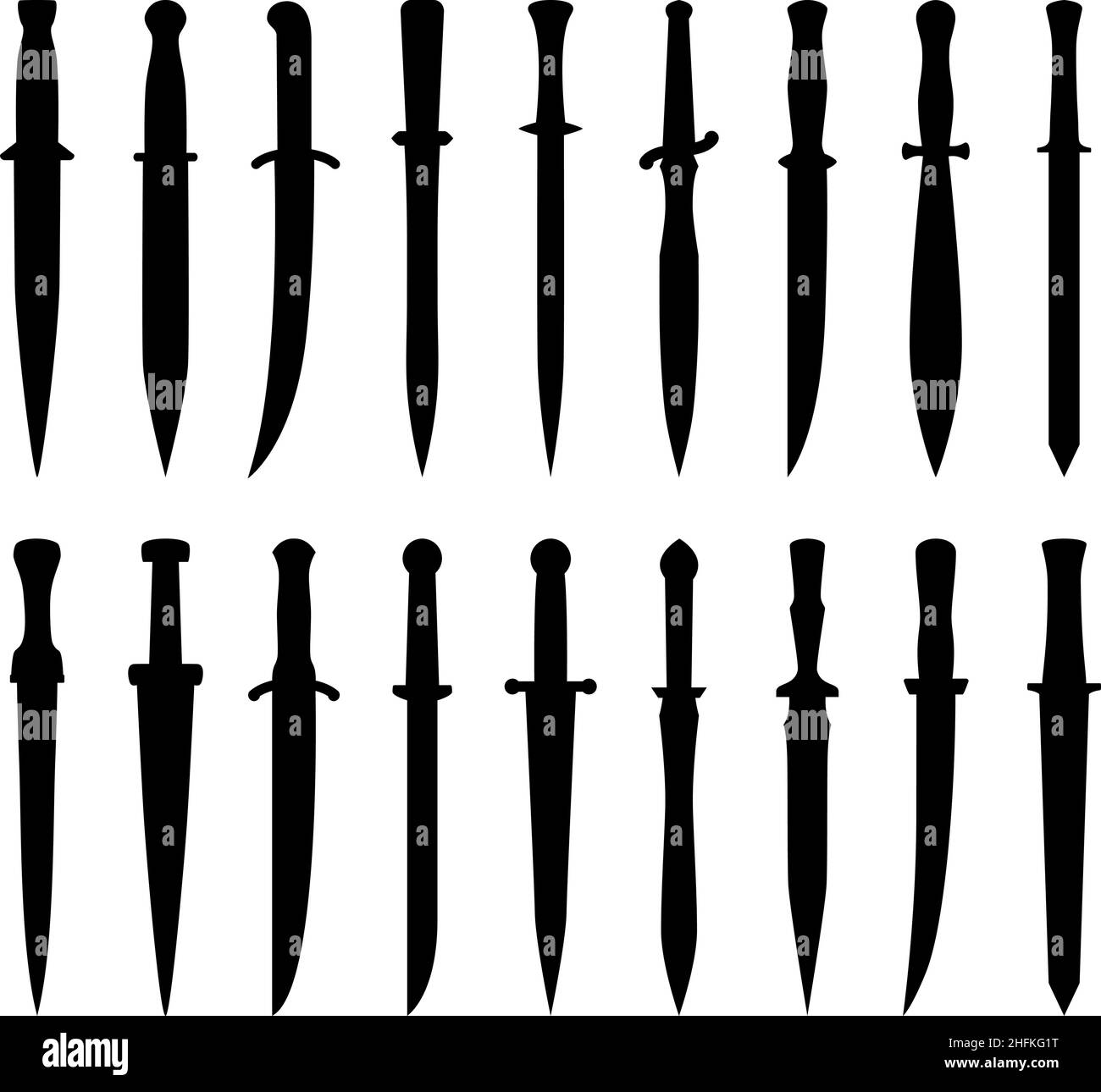 Set of silhouettes of daggers and swords, vector illustration Stock Vector