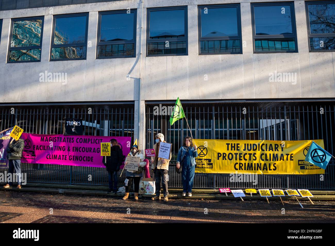 Victoria Avenue, Southend on Sea, Essex, UK. 17th Jan, 2022. A protest is taking place outside the Court House in Southend against the Police, Crime, Sentencing and Courts Bill on the day that it is to be voted on in the House of Lords. Protesters, including members of Extinction Rebellion, are concerned that the Bill could be used by the government to restrict the right to protest Stock Photo