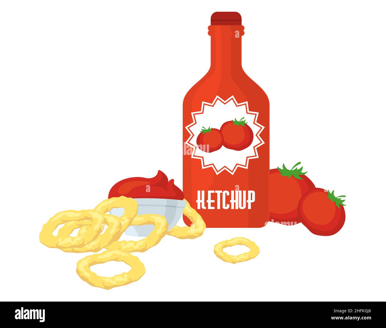 Tomato ketchup bottle with fresh red tomatoes, vector illustration ...