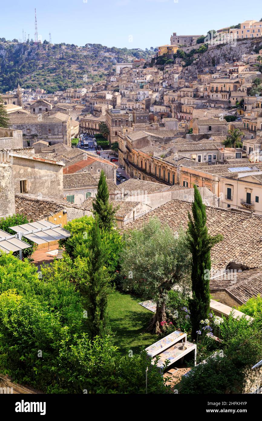 View of city and rooftops, Modica, Sicily, Italy Stock Photo