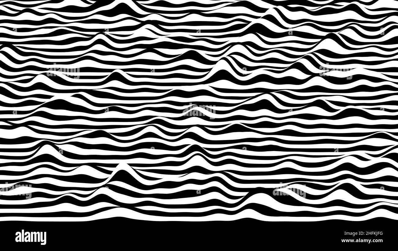 Trendy 3D black and white stripes distorted backdrop. Procedural ripple ...