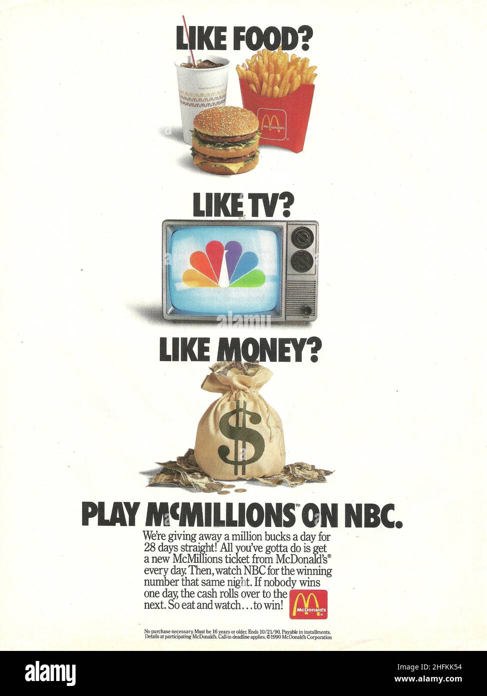 McDonald's vintage paper advert fries TV play McMillions on NBC Stock Photo