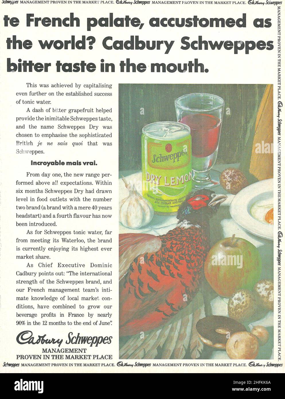 Cadbury Schweppes vintage paper advertisement schweppes in a can bottle with food 1980s 80s Stock Photo