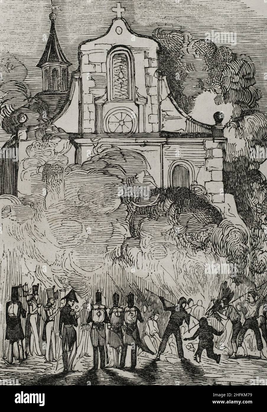 History of Spain. Catalonia. First Carlist War (1833-1840). Anti-clerical riots of 1835. Revolts against the religious orders that took place as a result of their support for the Carlist side. Bullanga of Reus (night of 22 July 1835). Fire at the Franciscan convent in Reus (Tarragona province). Engraving. Panorama Español, Crónica Contemporánea. Volume III. Madrid, 1845. Stock Photo