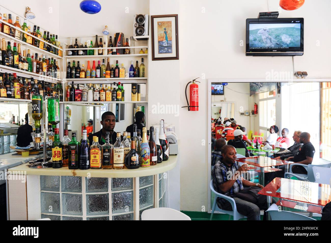 ANGOLA, Gabela town, liquor bar, imported spirits like gordons dry gin a brand of Diageo Group UK  / Alkohol Ausschank in Bar, importierte Spirituosen Stock Photo