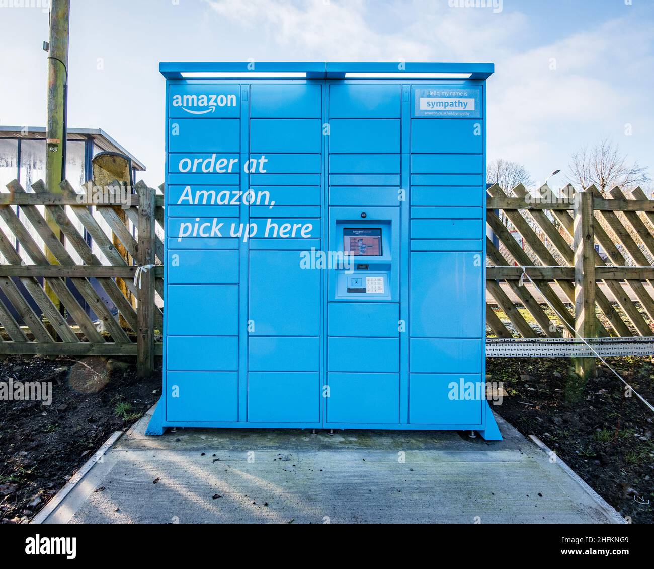 An Amazon locker and pick-up point, located at Long Preston railway station and having the name 'Sympathy'. Stock Photo