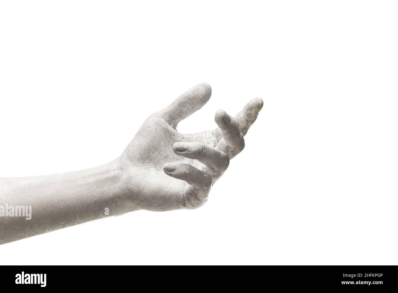 Human hand painted white gesturing isolated on white studio background ...