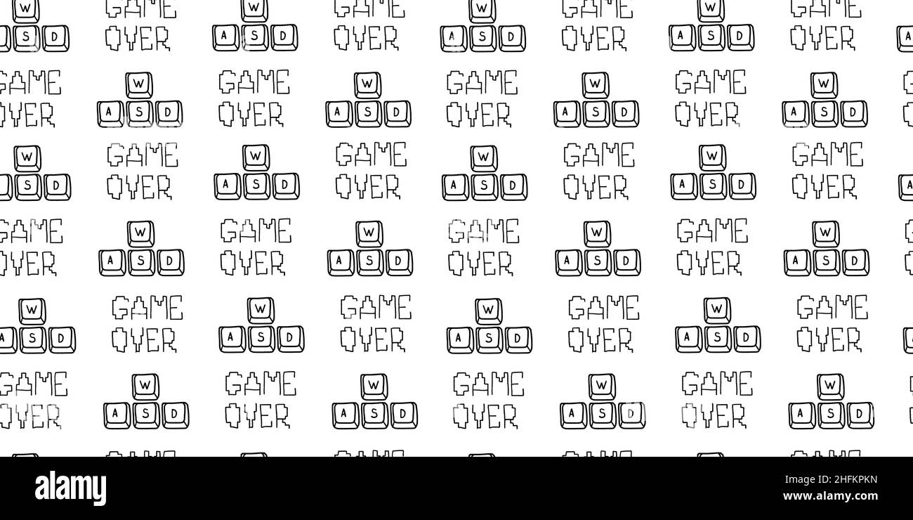 Video game seamless texture. Gaming concept vector illustration. Gamer doodle with WASD keys and game over text. Stock Vector