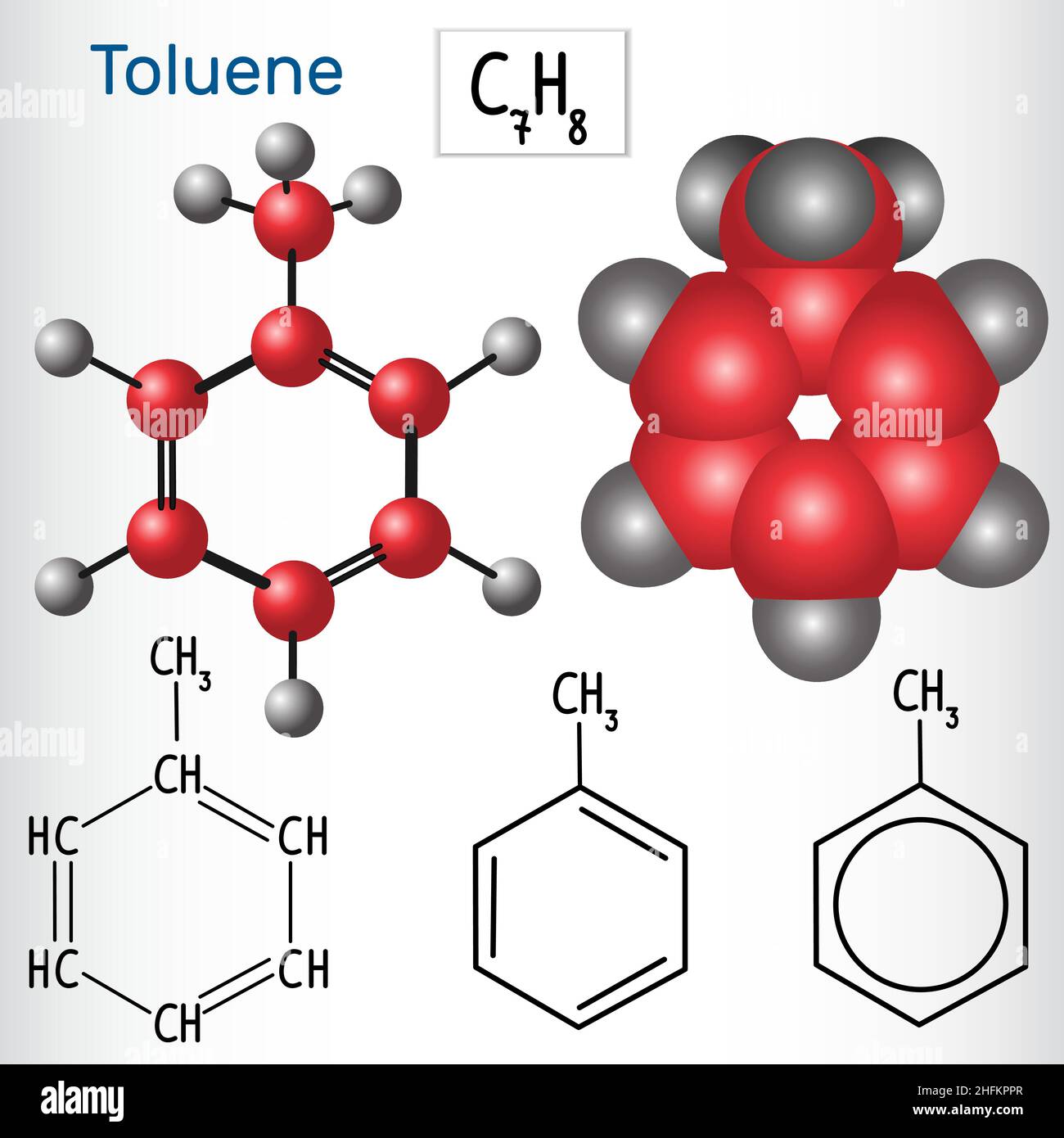 Toluene molecule - structural chemical formula and model. Vector illustration Stock Vector
