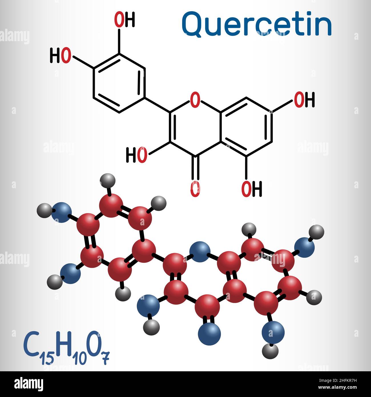 Quercetin ( flavonoid) molecule. Structural chemical formula and molecule model. Vector illustration Stock Vector