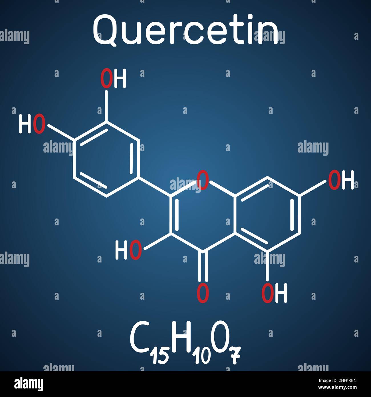 Quercetin ( flavonoid) molecule. Structural chemical formula and molecule model on the dark blue background. Vector illustration Stock Vector