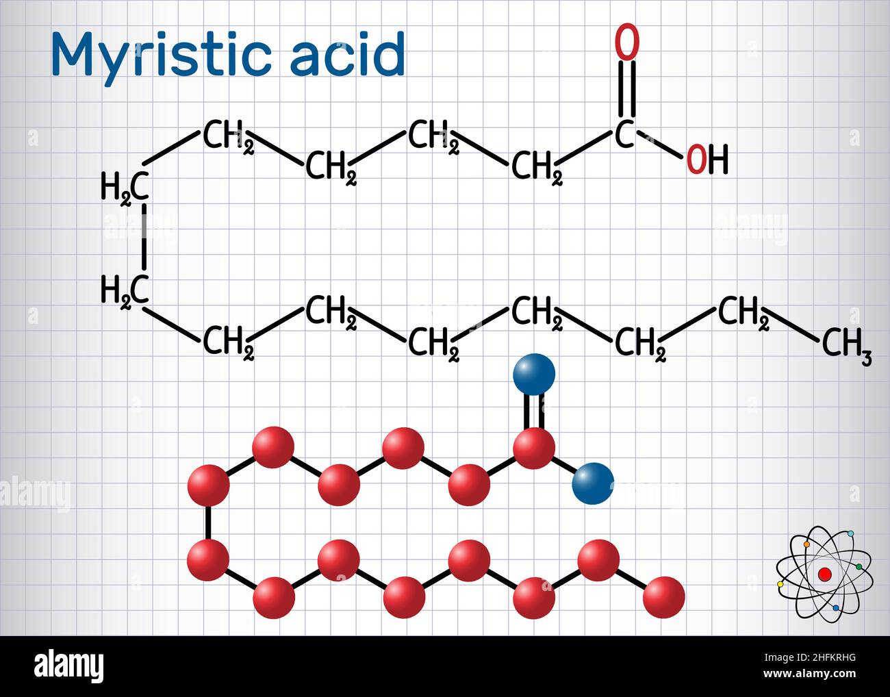 Myristic (tetradecanoic) acid molecule. It is saturated fatty acid. Structural chemical formula