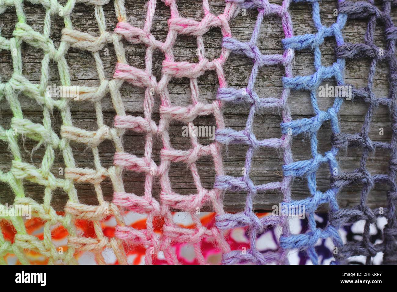 Cheerful yarn bombing of a handmade crochet pattern Stock Photo - Alamy