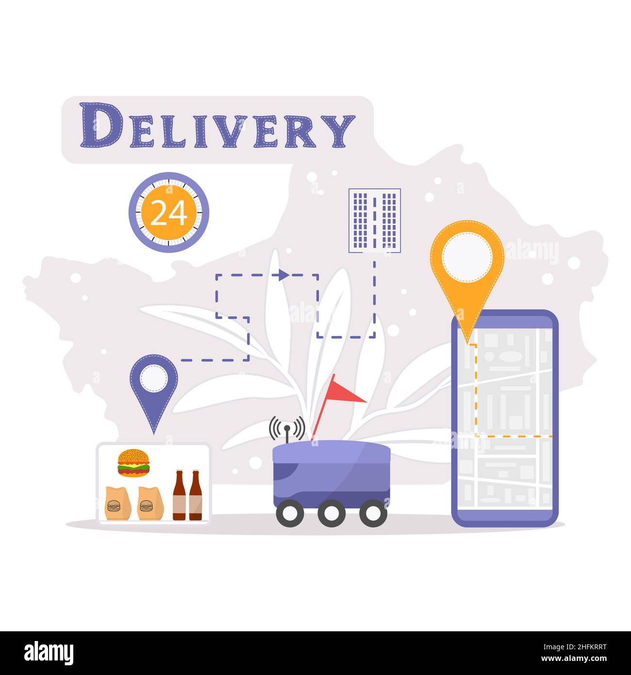 Vector illustration Automated car delivers food, drinks. Online Order