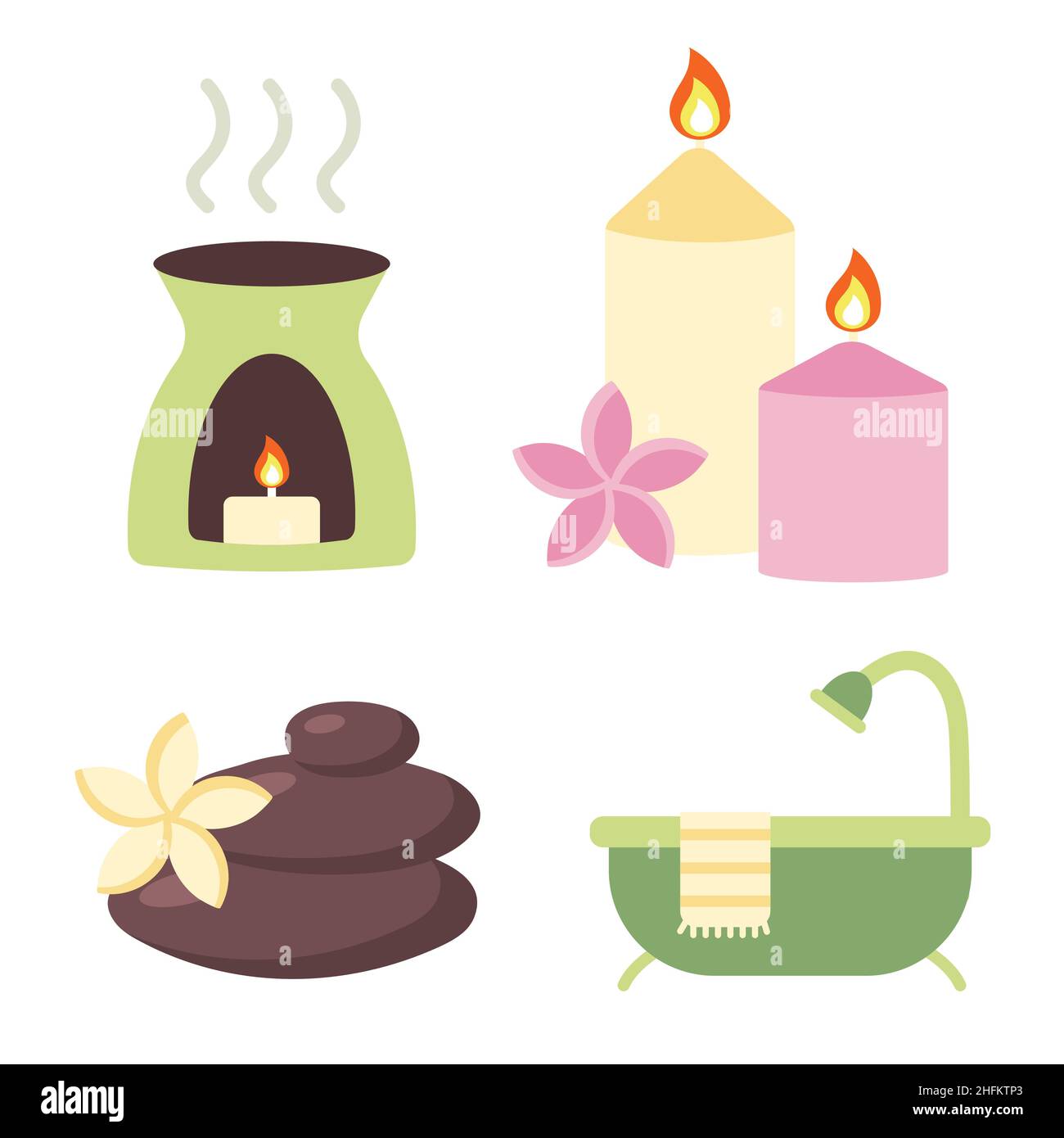 Set of elements for spa and relaxation. Oil burner, aroma candles, zen stones with flower and bath hub. Accessories for relax, meditation and personal Stock Vector