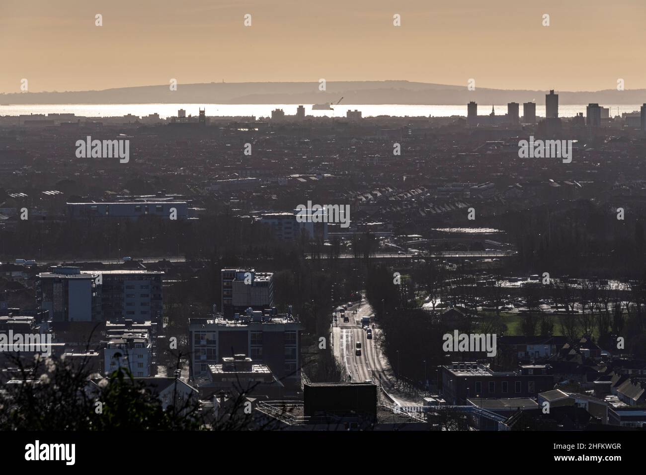 Aerial shot of Portsmouth, The Solent and The Isle of Wight, Hampshire. Stock Photo