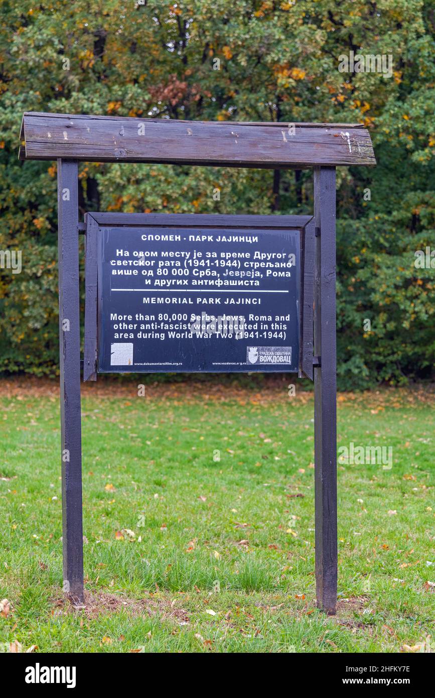 Belgrade, Serbia - October 23, 2021: Sign Board at Entrance to WWII Memorial Park Jajinci Vozdovac Municipality. Stock Photo