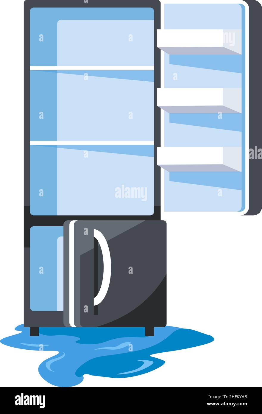 Defrosting refrigerator with puddle of water on floor, damaged and
