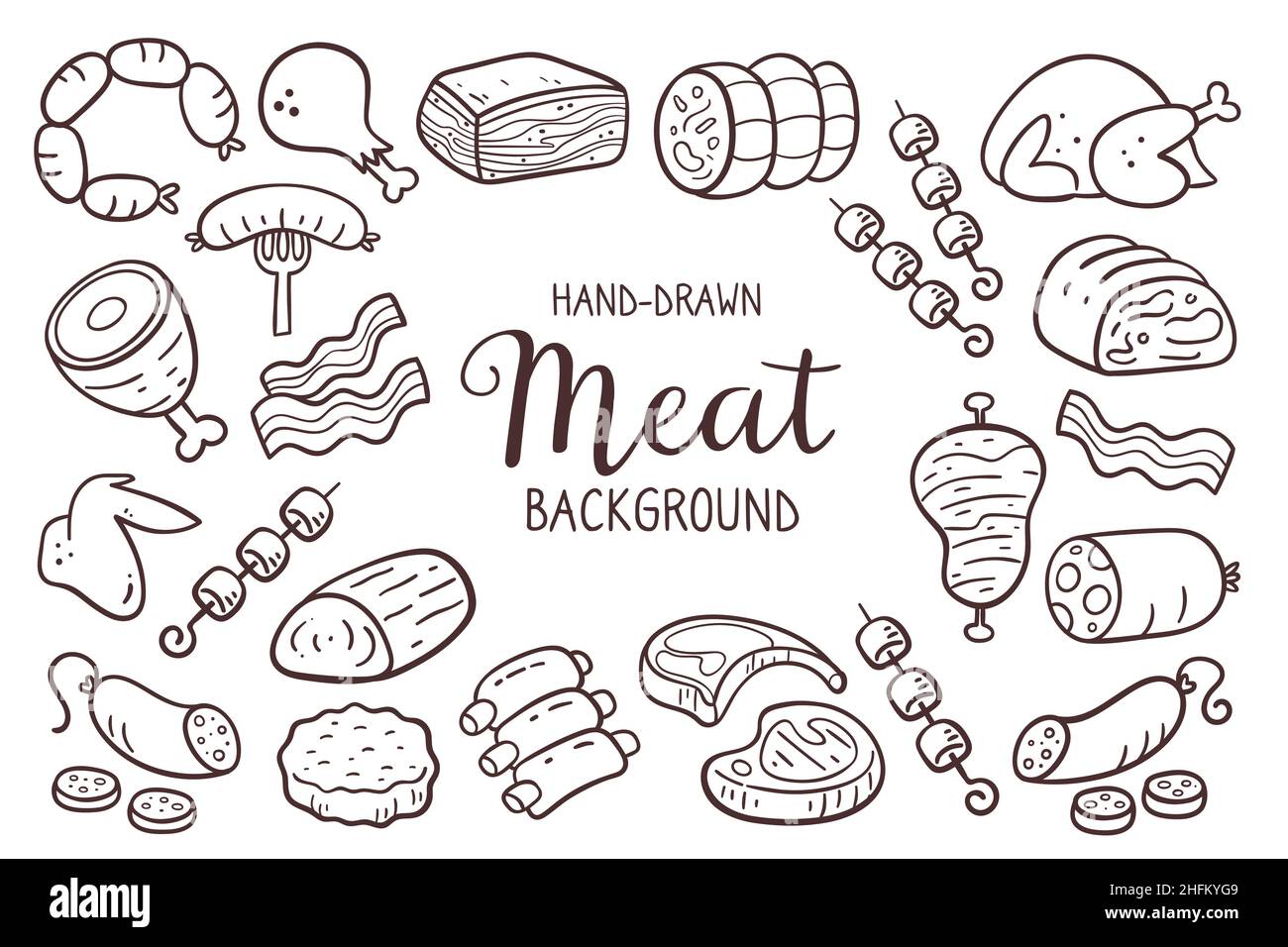 Hand drawn meat background. Pieces of meat and meat products. Food ingredients for cooking illustration. Isolated doodle icons on white background. Ve Stock Vector